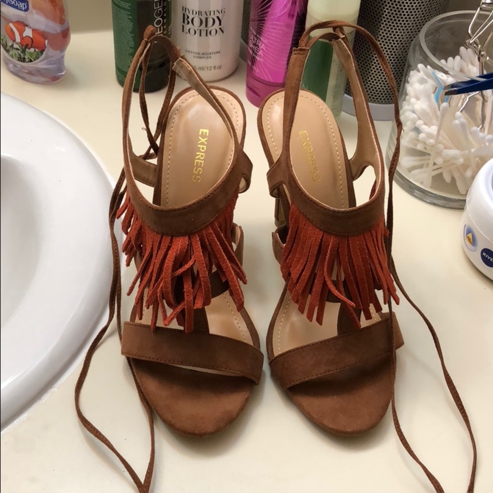 Express Fringe Lace Up Heels Size 7